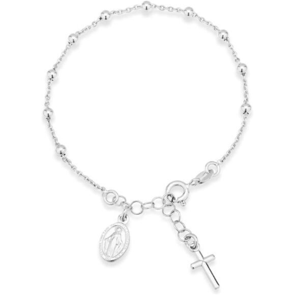 925 Sterling Silver Italian Rosary Cross Bead Charm Link Chain Bracelet - Picture 1 of 4